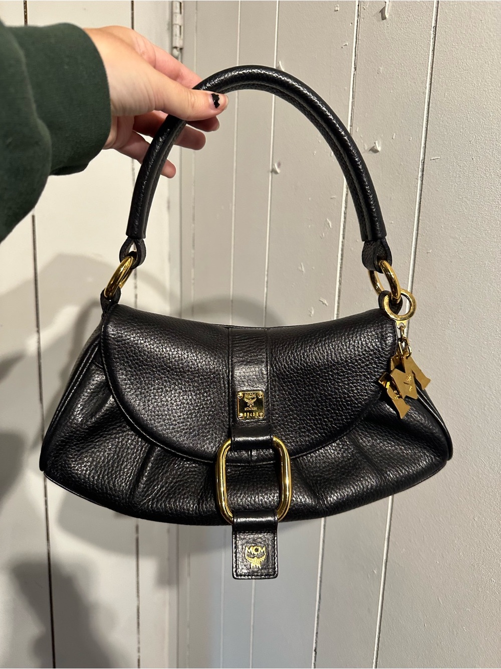 MCM AUTHENTIC Black Pebbled Leather Shoulder Bag with Gold Accents